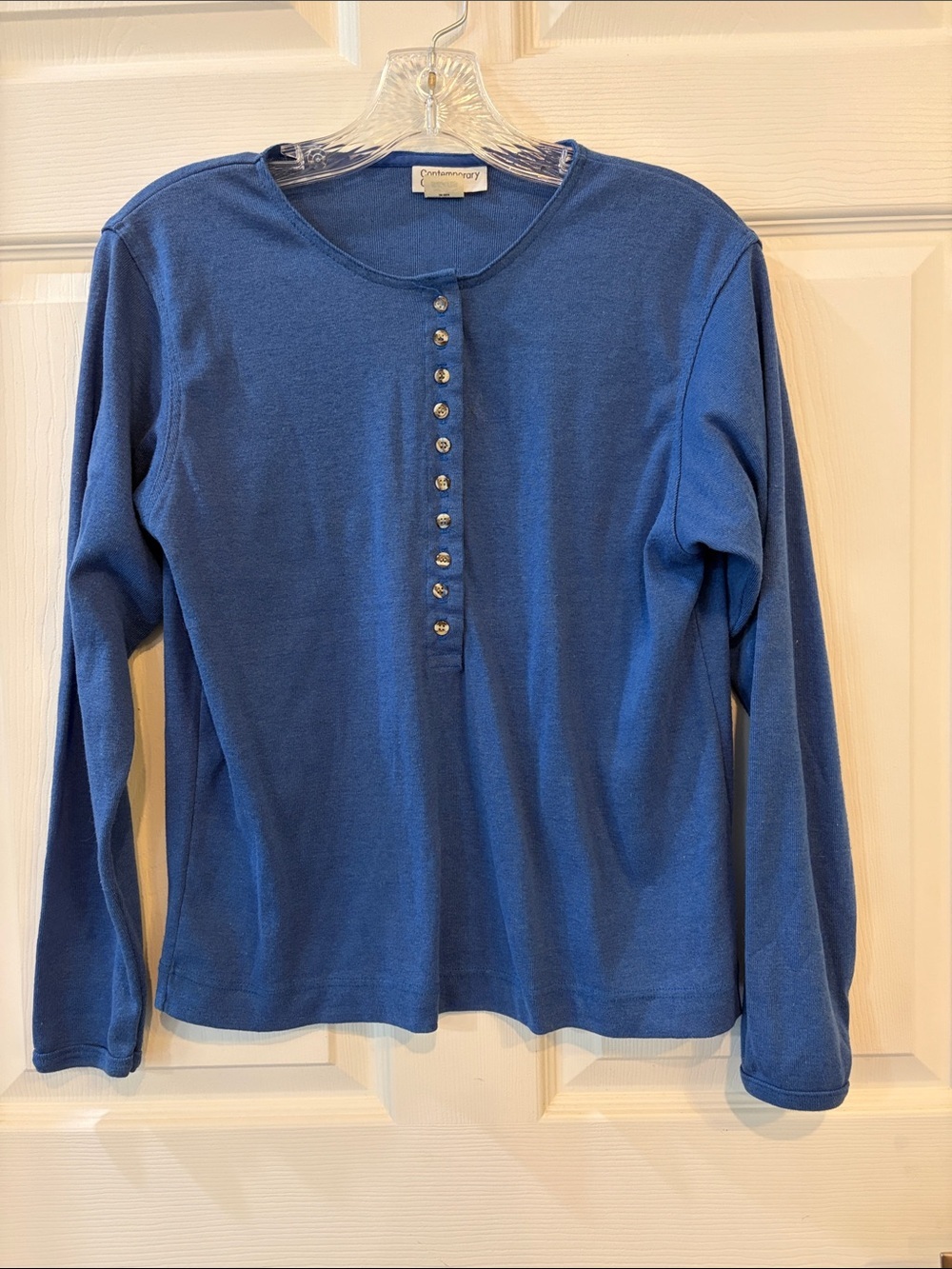 Contemporary Casuals by Sears Blue Henley Long Sleeve Top with Buttons Vintage